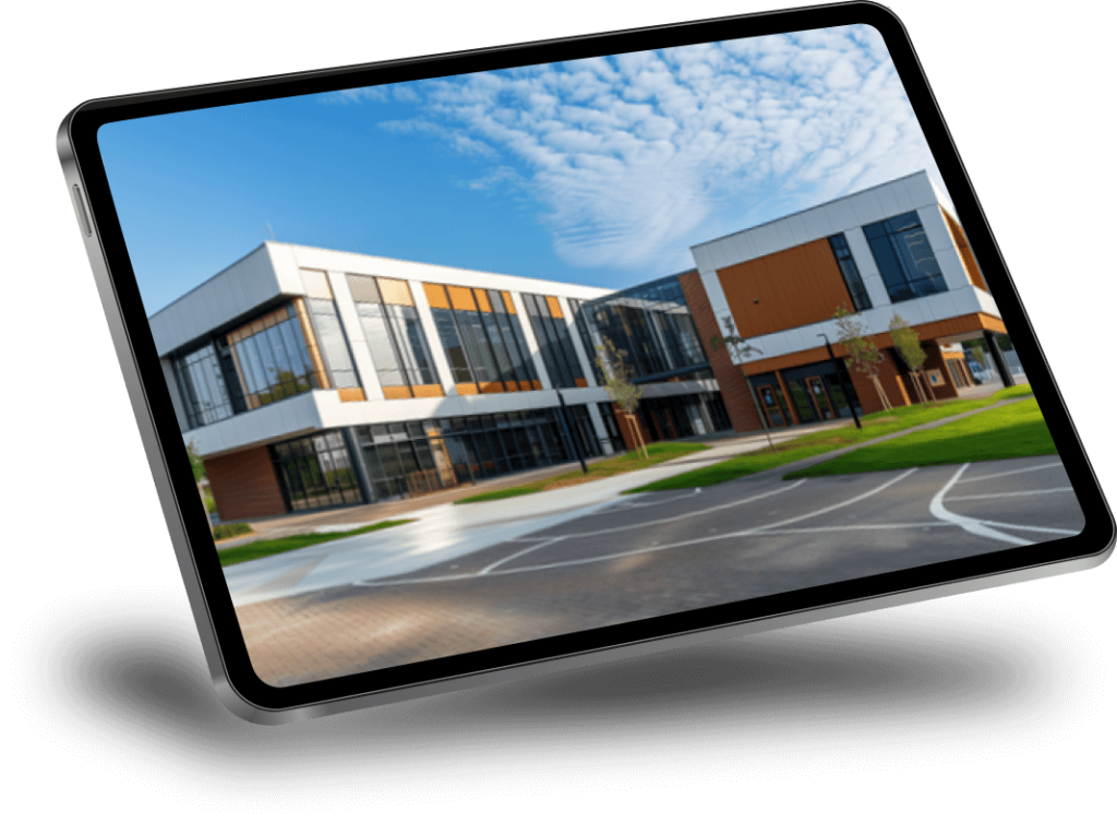 Image of tablet device with an image of an academy school.  